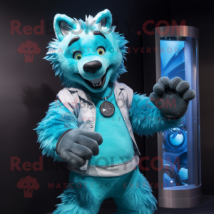 Cyan Hyena mascot costume character dressed with a Jumpsuit and Bracelet watches