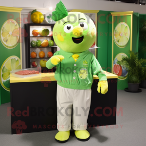 Green Lemon mascot costume character dressed with a Button-Up Shirt and Earrings