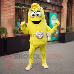 Yellow Falafel mascot costume character dressed with a Playsuit and Smartwatches