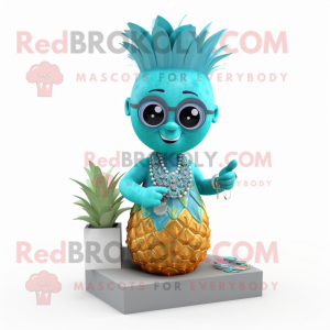 Turquoise Pineapple mascot costume character dressed with a Mini Dress and Necklaces