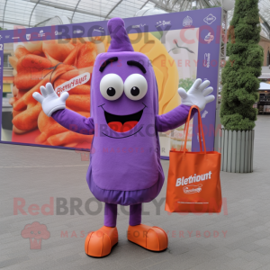 Lavender Currywurst mascot costume character dressed with a Jumpsuit and Tote bags