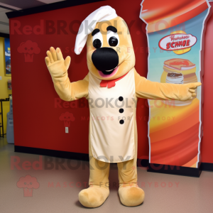 Cream Hot Dog mascot costume character dressed with a Shift Dress and Gloves