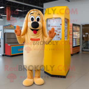 Cream Hot Dog mascot costume character dressed with a Shift Dress and Gloves