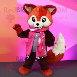 Magenta Red Panda mascot costume character dressed with a Jumpsuit and Scarves