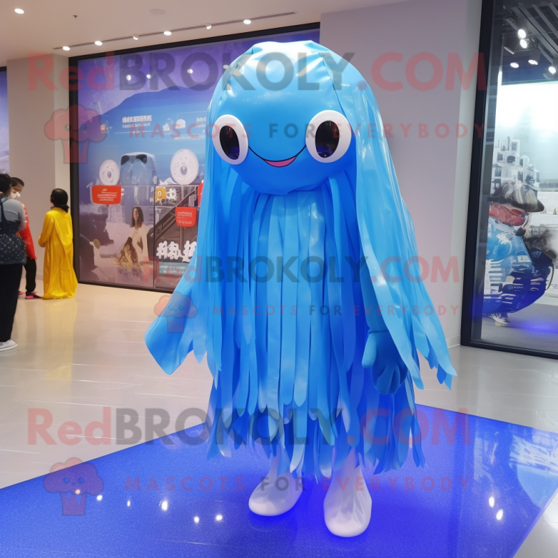 Blue Jellyfish mascot costume character dressed with a Raincoat and Headbands