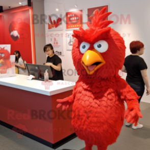 Red Fried Chicken mascot costume character dressed with a V-Neck Tee and Earrings