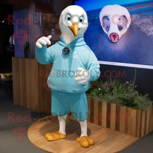 Cyan Gull mascot costume character dressed with a Sweatshirt and Bracelet watches