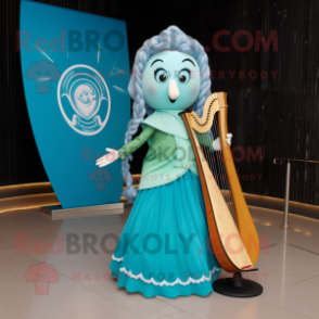 Cyan Celtic Harp mascot costume character dressed with a Circle Skirt and Hairpins