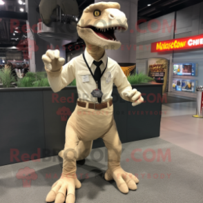 Cream Velociraptor mascot costume character dressed with a Button-Up Shirt and Shoe clips