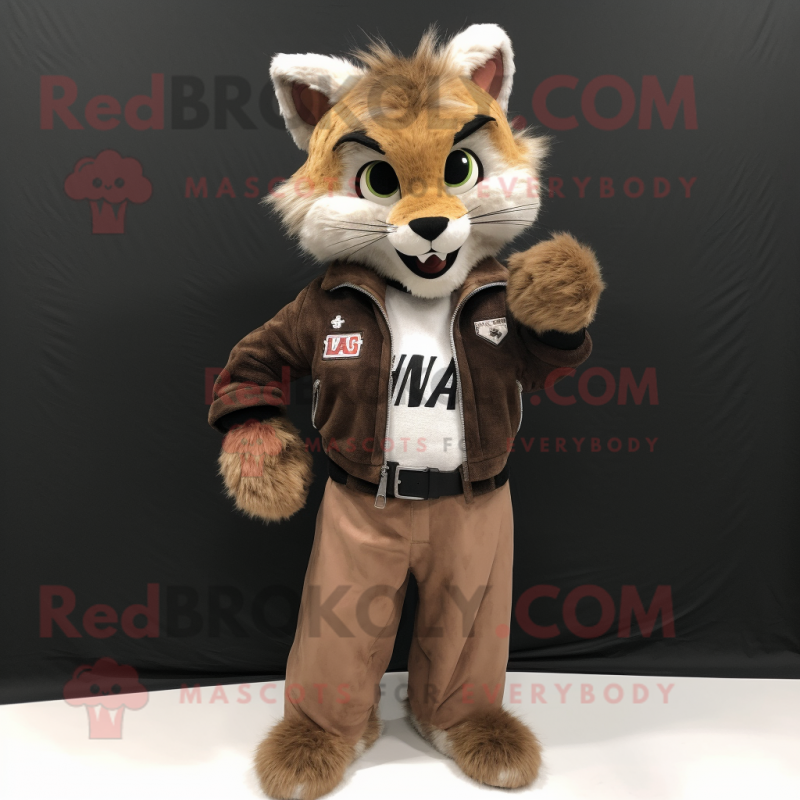 nan Lynx mascot costume character dressed with a Leather Jacket and Clutch bags