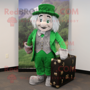 Silver Leprechaun mascot costume character dressed with a Corduroy Pants and Briefcases