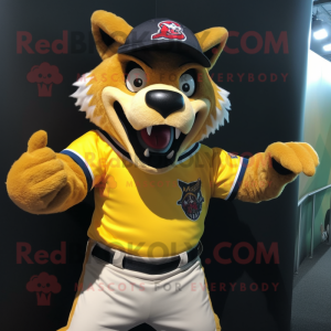 Yellow Werewolf mascot costume character dressed with a Baseball Tee and Belts