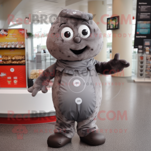 Gray Chocolates mascot costume character dressed with a T-Shirt and Scarves