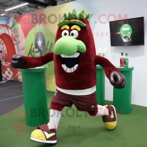 Maroon Green Beer mascot costume character dressed with a Running Shorts and Scarf clips