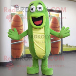 Green Hot Dogs mascot costume character dressed with a Skinny Jeans and Wraps