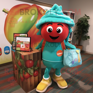 Turquoise Tomato mascot costume character dressed with a Cardigan and Tote bags