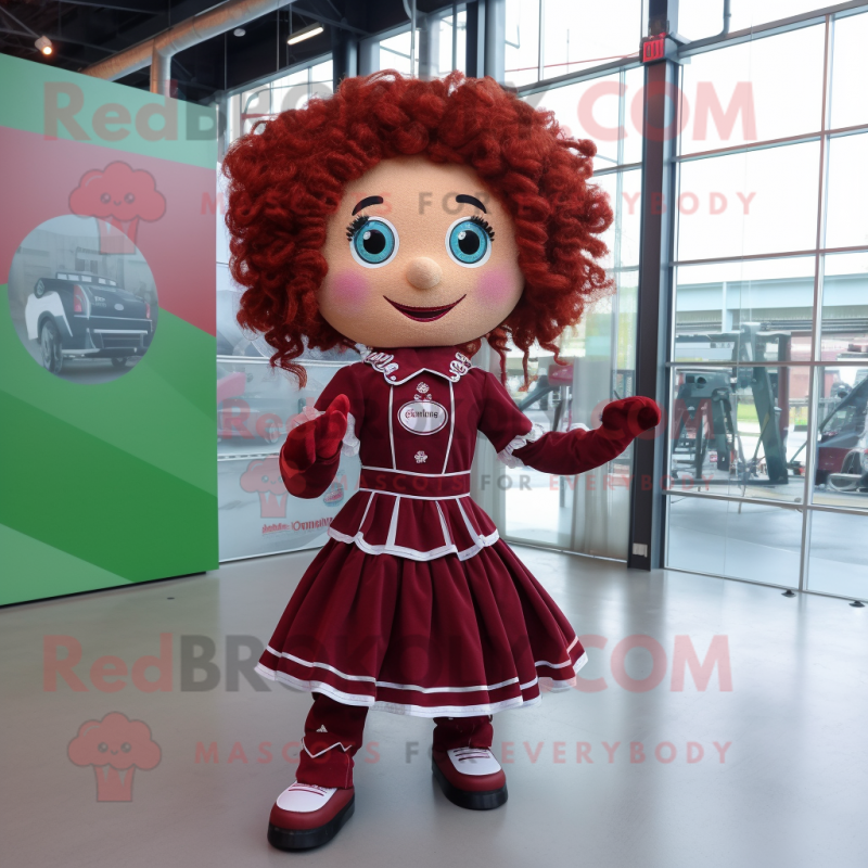 Maroon Irish Dancer mascot costume character dressed with a Romper and Hairpins