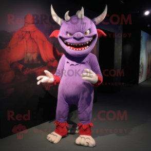 Lavender Devil mascot costume character dressed with a Corduroy Pants and Anklets