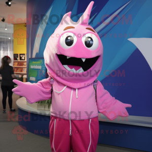 Pink Swordfish mascot costume character dressed with a Sweatshirt and Hair clips