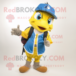 Yellow Blue Jay mascot costume character dressed with a Henley Tee and Backpacks