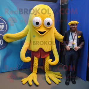 Yellow Kraken mascot costume character dressed with a Oxford Shirt and Cummerbunds