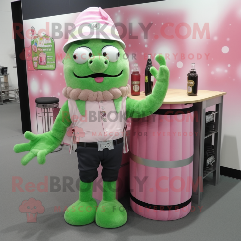 Pink Green Beer mascot costume character dressed with a Oxford Shirt and Hairpins