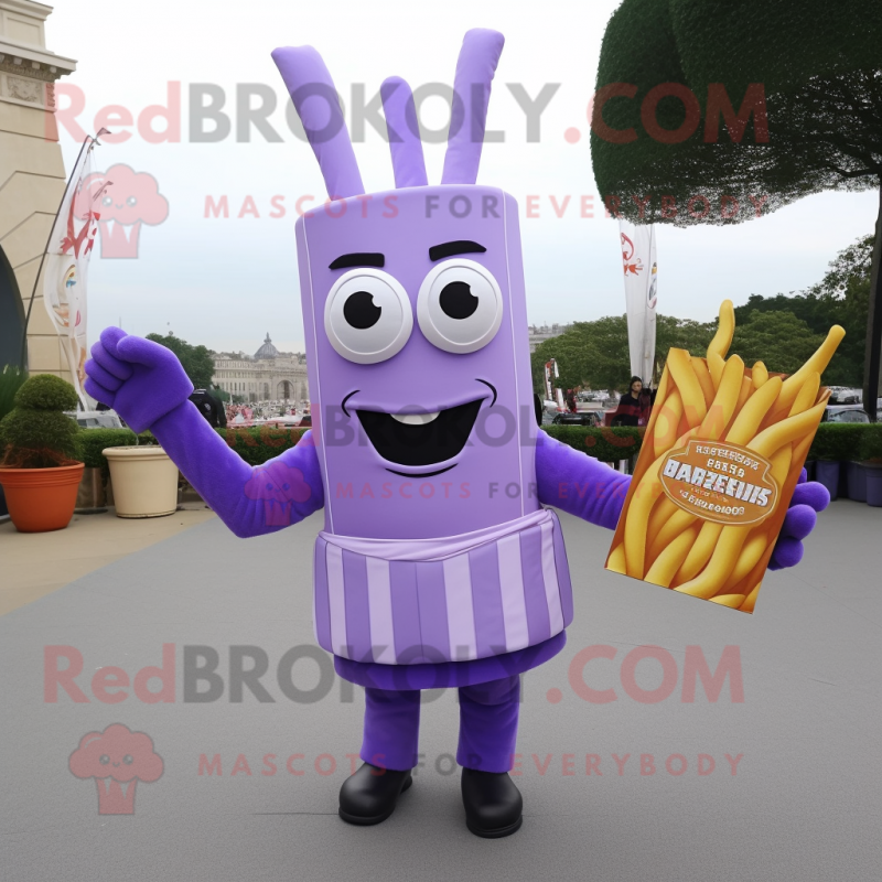 Lavender French Fries mascot costume character dressed with a Long Sleeve Tee and Messenger bags