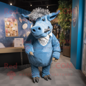 Blue Woolly Rhinoceros mascot costume character dressed with a Blouse and Ties