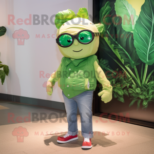 Green Cabbage Leaf mascot costume character dressed with a Henley Tee and Sunglasses