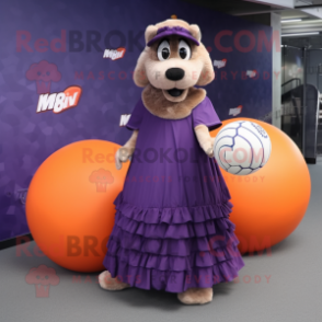 Purple Shepard'S Pie mascot costume character dressed with a Ball Gown and Caps