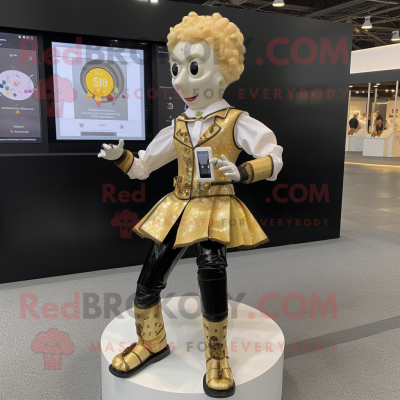 Gold Irish Dancing Shoes mascot costume character dressed with a Dress Shirt and Smartwatches
