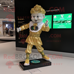 Gold Irish Dancing Shoes mascot costume character dressed with a Dress Shirt and Smartwatches