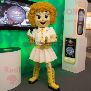 Gold Irish Dancing Shoes mascot costume character dressed with a Dress Shirt and Smartwatches