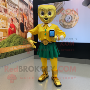 Gold Irish Dancing Shoes mascot costume character dressed with a Dress Shirt and Smartwatches
