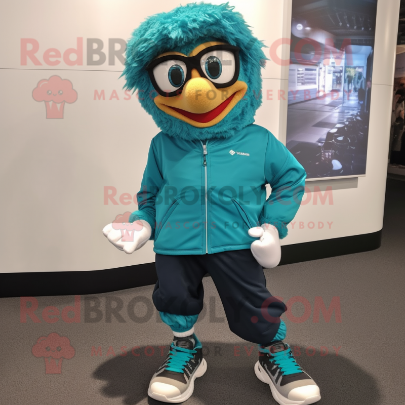 Teal Irish Dancing Shoes mascot costume character dressed with a Windbreaker and Reading glasses