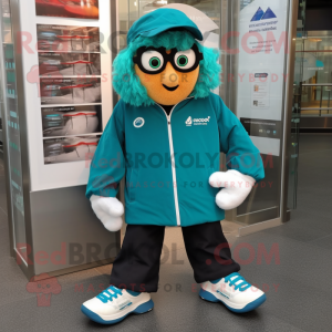 Teal Irish Dancing Shoes mascot costume character dressed with a Windbreaker and Reading glasses