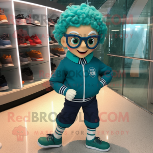 Teal Irish Dancing Shoes mascot costume character dressed with a Windbreaker and Reading glasses