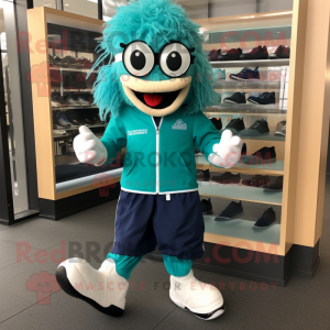 Teal Irish Dancing Shoes mascot costume character dressed with a Windbreaker and Reading glasses