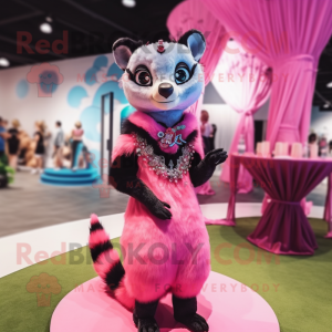 Pink Civet mascot costume character dressed with a Evening Gown and Brooches