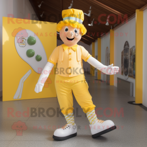 Yellow Irish Dancing Shoes mascot costume character dressed with a Chinos and Caps