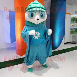 Cyan Irish Flag mascot costume character dressed with a Windbreaker and Shawls