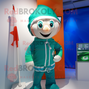 Cyan Irish Flag mascot costume character dressed with a Windbreaker and Shawls