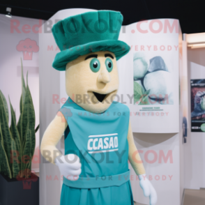 Teal Caesar Salad mascot costume character dressed with a Tank Top and Hat pins