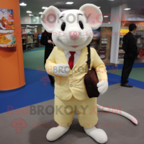 Cream Rat mascot costume character dressed with a Suit Jacket and Backpacks