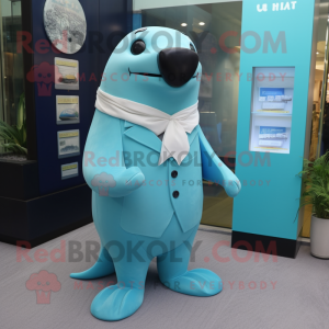 Cyan Sea Lion maskot kostym...