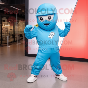 Sky Blue Superhero mascot costume character dressed with a Windbreaker and Beanies