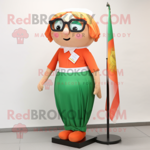 Peach Irish Flag mascot costume character dressed with a Shift Dress and Reading glasses