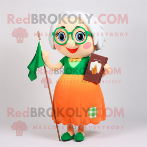 Peach Irish Flag mascot costume character dressed with a Shift Dress and Reading glasses