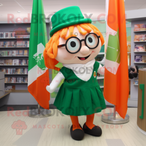 Peach Irish Flag mascot costume character dressed with a Shift Dress and Reading glasses