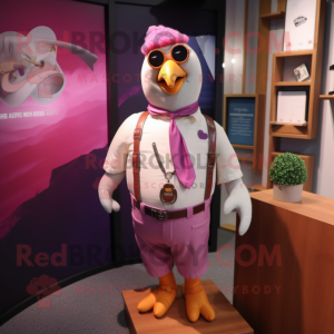 Pink Pigeon mascot costume character dressed with a Henley Shirt and Suspenders